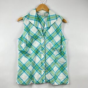 100% Linen Plaid Sleeveless Blouse Kim Rogers Signature Button Front Summer Top